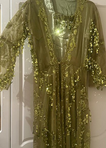 Kadın Haki Uzun Kollu Nakışlı Bohem Elbise - Görsel 7