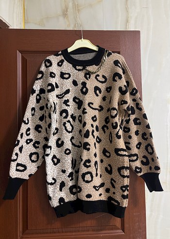 Leopar Desenli Kahverengi Kadın Triko Kazak