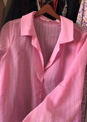 Pembe tül , Düğmeli, Uzun Kollu Kadın Gömlek