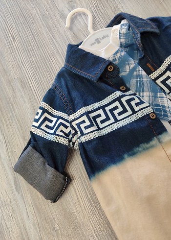 12-18 Ay Beden Erkek Çocuk Bağlamalı Denim Gömlek ve içinde sweatshirt