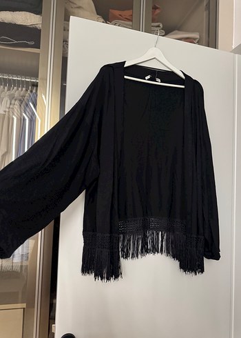 Püsküllü Siyah Bohem Kadın Hırka kimono