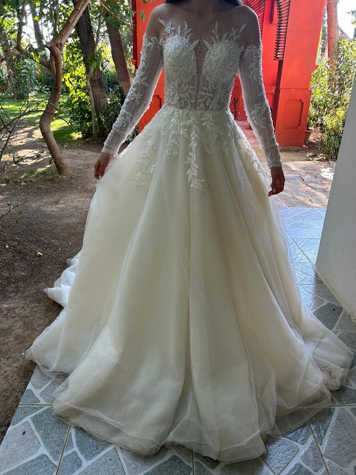 38 beden helenistik model Uzun Kollu Straplez A Kesim Gelinlik - Görsel 5