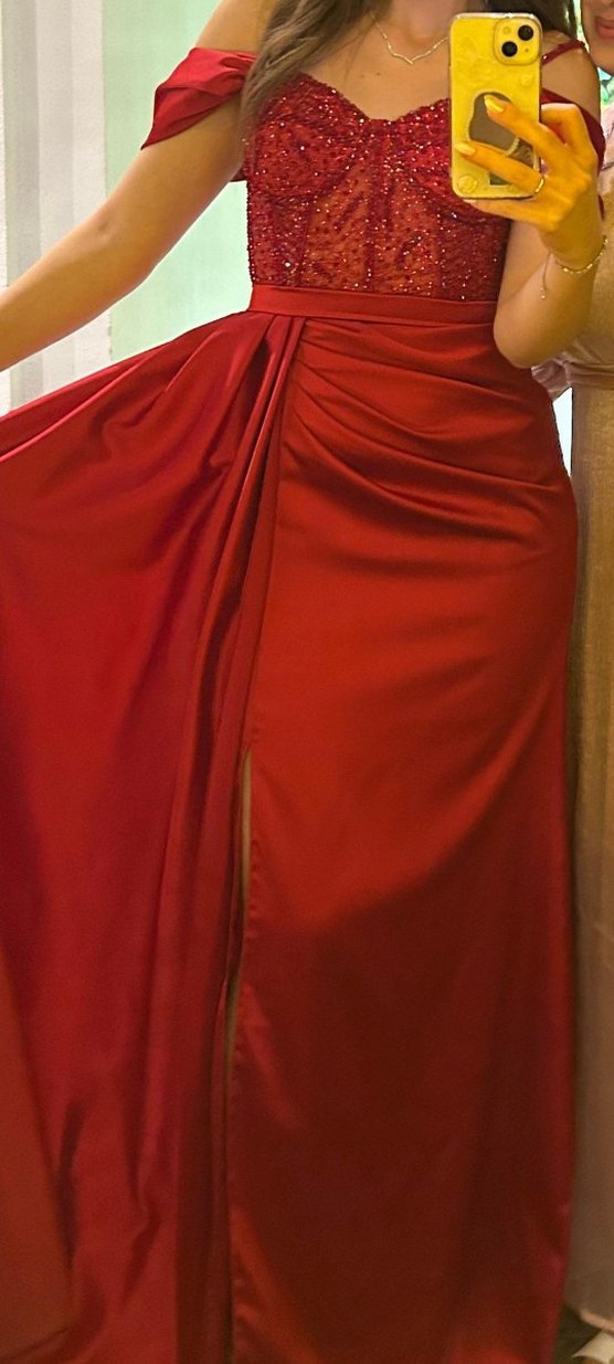 Drapeli Kırmızı Uzun kına abiyesi - Görsel 2