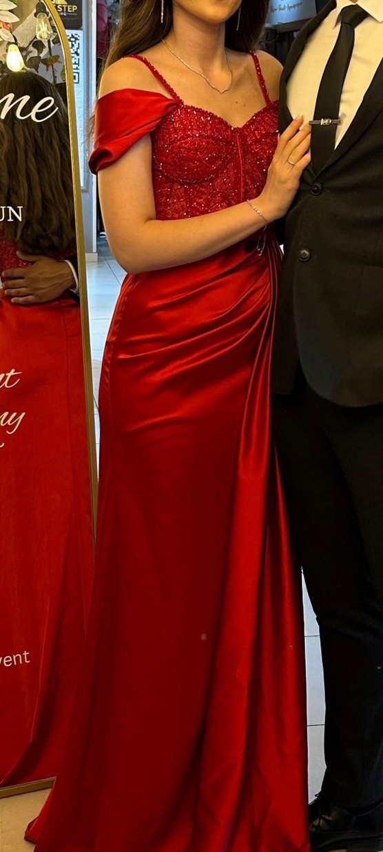 Drapeli Kırmızı Uzun kına abiyesi - Görsel 3