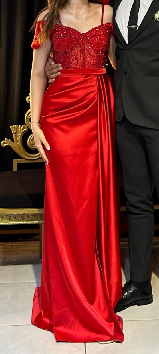 Drapeli Kırmızı Uzun kına abiyesi - Görsel 4