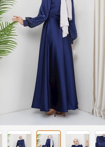 Uzun Kollu Lacivert İşlemeli Abiye Elbise - Görsel 5