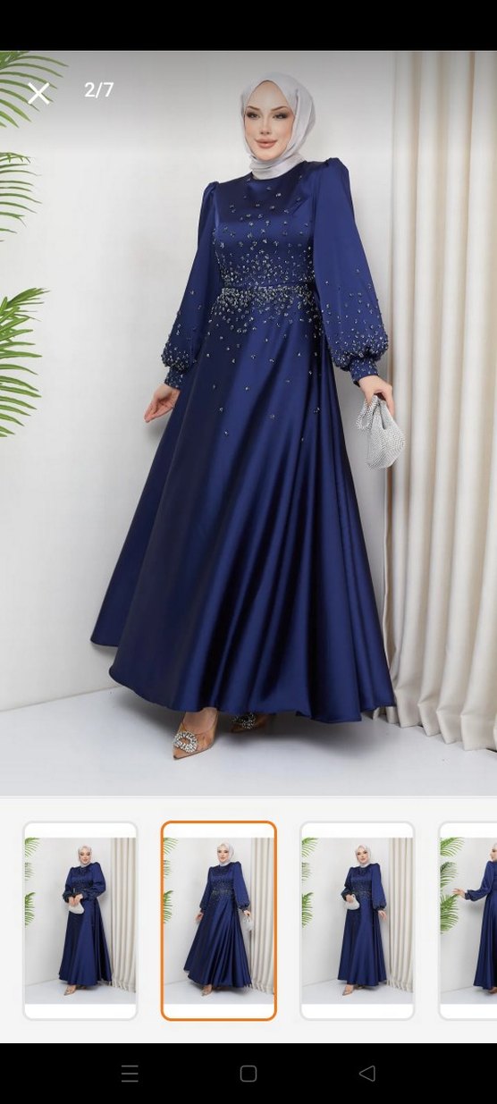 Uzun Kollu Lacivert İşlemeli Abiye Elbise - Görsel 2