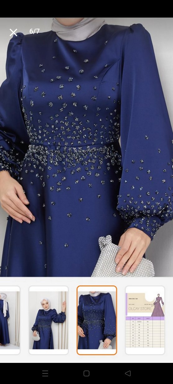 Uzun Kollu Lacivert İşlemeli Abiye Elbise - Görsel 3