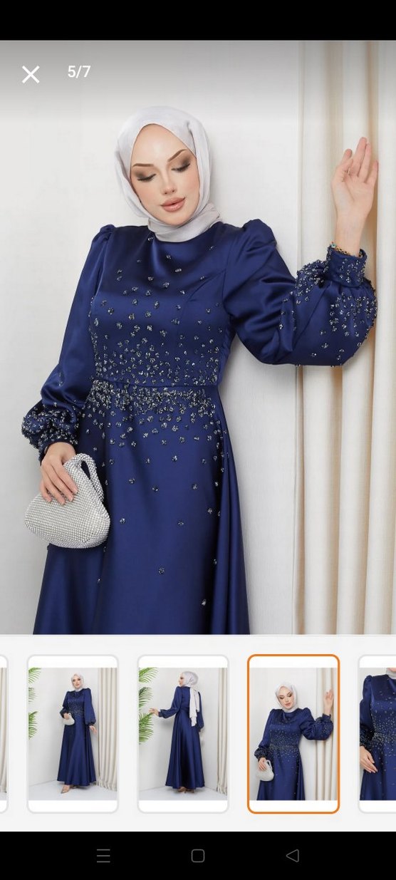 Uzun Kollu Lacivert İşlemeli Abiye Elbise - Görsel 4