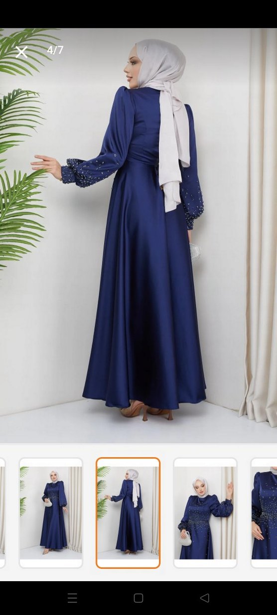 Uzun Kollu Lacivert İşlemeli Abiye Elbise - Görsel 5