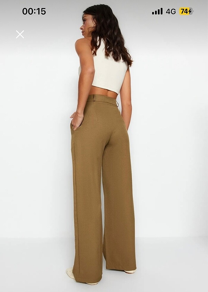 Trendyolmilla 36 beden haki wide leg geniş paça dokuma pantolon - Görsel 4