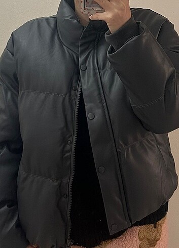 Gri suni deri şişme mont - Görsel 2