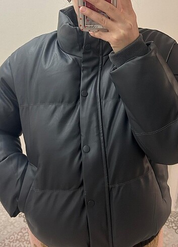 Gri suni deri şişme mont - Görsel 3