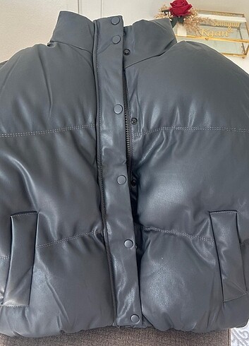 Gri suni deri şişme mont - Görsel 5