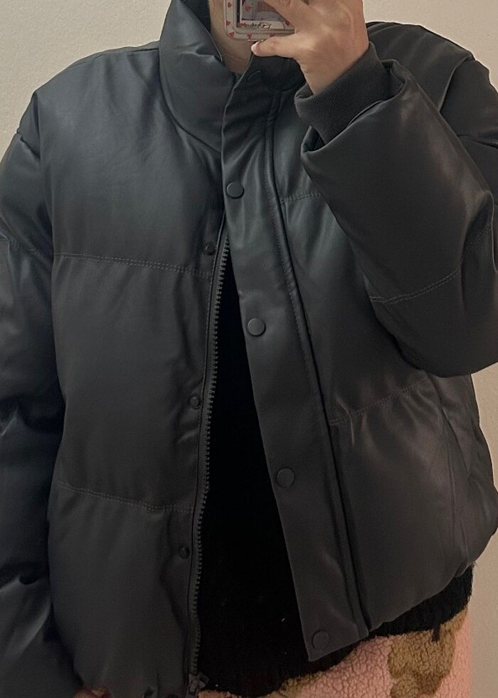 Gri suni deri şişme mont - Görsel 2