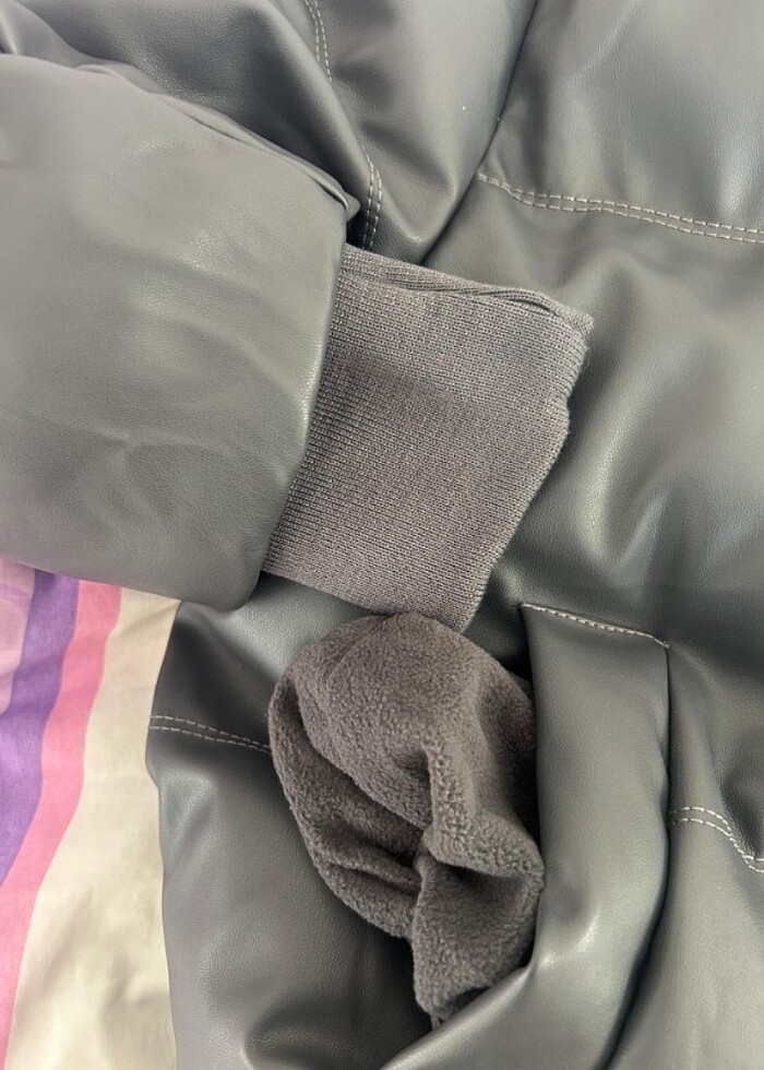 Gri suni deri şişme mont - Görsel 4
