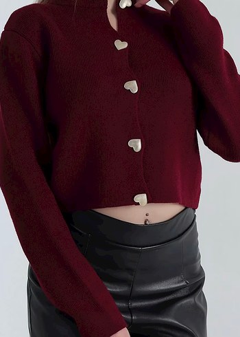 Bordo Mini Düğmeli Kadın Hırka her beden mevcut