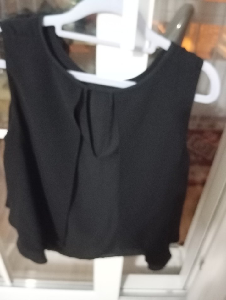 Kadın Siyah V Yaka Kolsuz Fırfırlı Bluz - Görsel 2