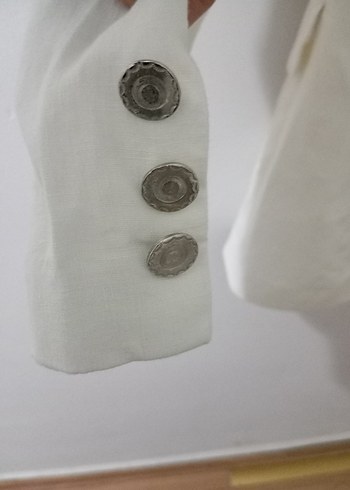 Düğmeli Beyaz Keten Kadın Blazer Ceket - Görsel 3