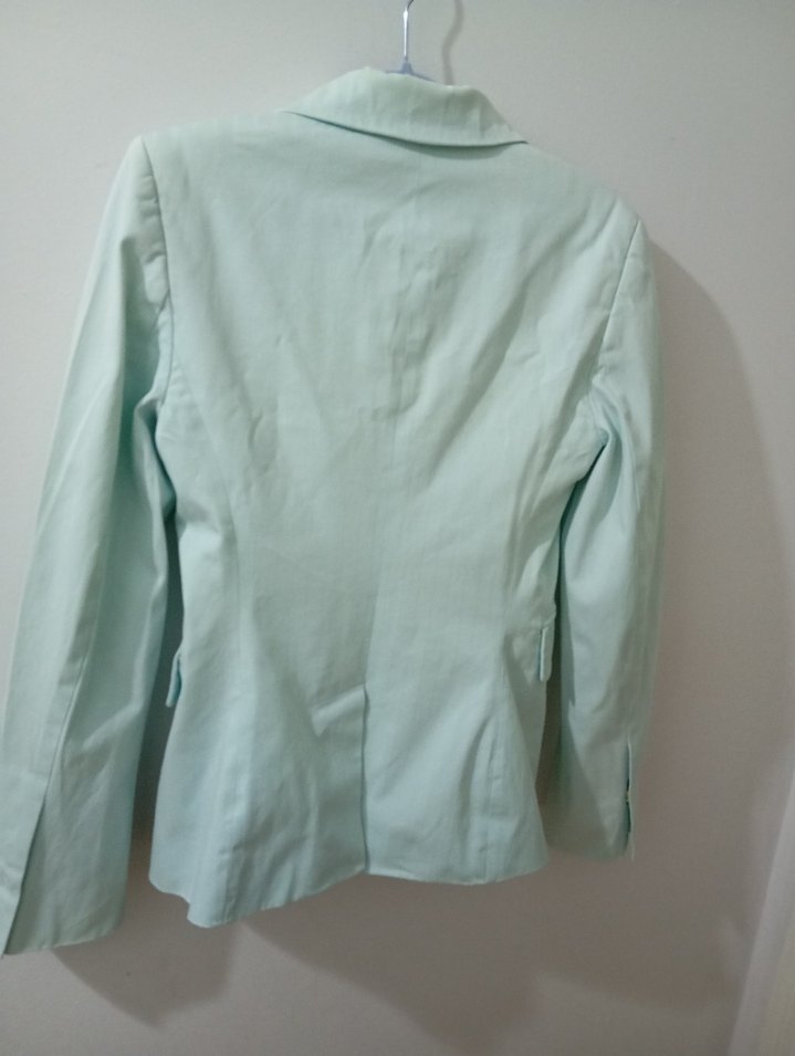 su yeşili  Düğmeli Kadın Keten Blazer Ceket - Görsel 4