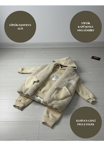 2 Yaş Beden Peluş Yelekli 3 İplik 3lü Unisex Bebek Tulum |Kışlık & Mevsimlik