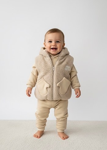 Peluş Yelekli 3lü 3 İplik Unisex Bebek Eşofman Takım