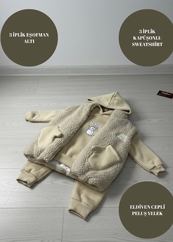2 Yaş Beden Peluş Yelekli 3lü 3 İplik Unisex Bebek Eşofman Takım