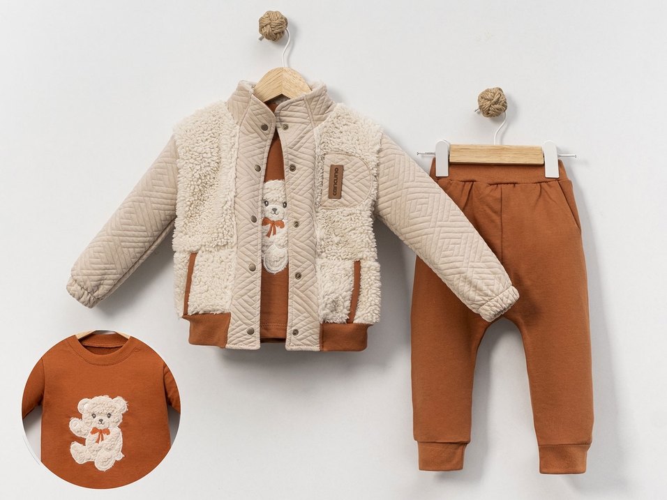Ayıcık Nakışlı Ceketli 3 Parça 3 İplik Bebek Eşofman Takımı - Görsel 3