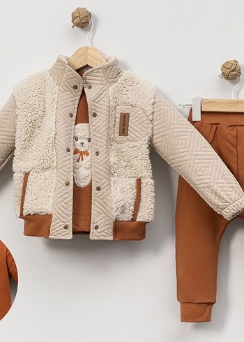 Ayıcık nakışlı 3 parça 3 iplik bebek eşofman takımı - Görsel 3