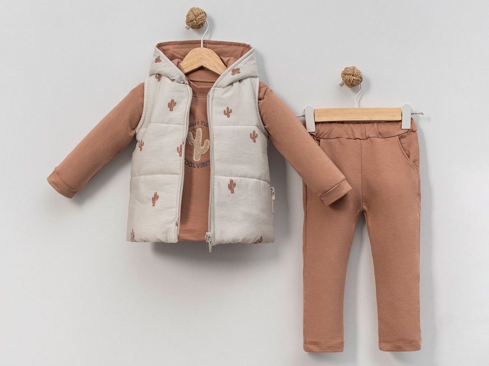 Kaktüs Nakışlı 3 Parça Unisex Açık Taba Bebek Takımı (9-12 Ay) - Görsel 4