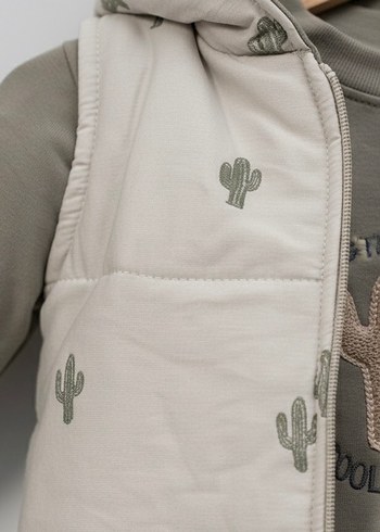 Kaktüs Nakışlı 3 Parça Yelekli Unisex Haki Bebek Takımı(9-12 Ay) - Görsel 5