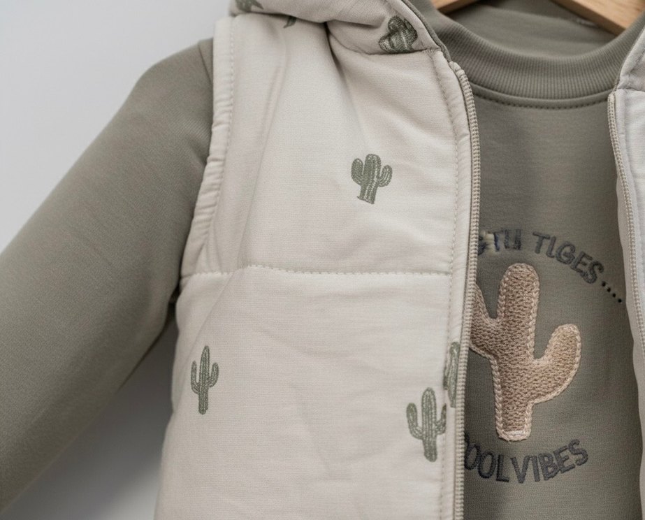 Kaktüs Nakışlı 3 Parça Yelekli Unisex Haki Bebek Takımı(9-12 Ay) - Görsel 5