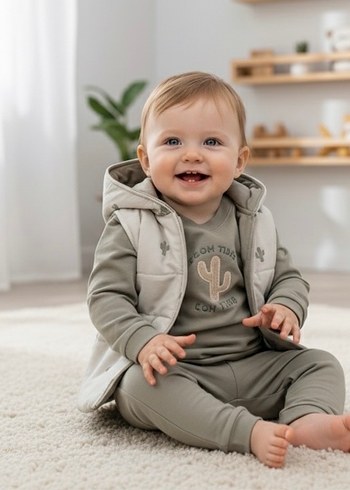 Kaktüs Nakışlı 3 Parça Yelekli Unisex Haki Bebek Takımı (6-9 Ay) - Görsel 2