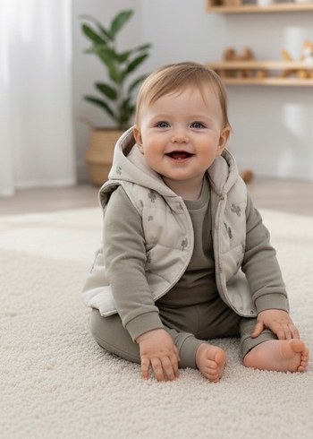 Kaktüs Nakışlı 3 Parça Yelekli Unisex Haki Bebek Takımı (6-9 Ay) - Görsel 3