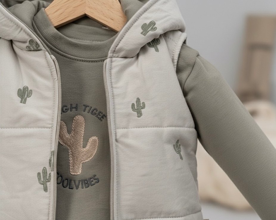 Kaktüs Nakışlı 3 Parça Yelekli Unisex Haki Bebek Takımı (6-9 Ay) - Görsel 4