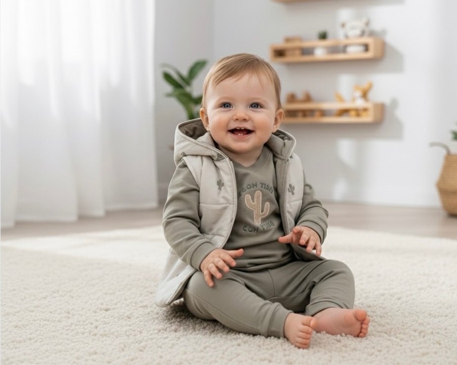 Kaktüs Nakışlı 3 Parça Unisex Haki Bebek Takımı(12-18 Ay) - Görsel 5