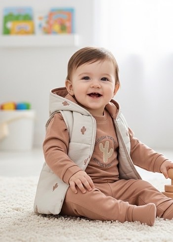 Kaktüs Nakışlı 3 Parça Unisex Açık Taba Bebek Takımı (12-18 Ay) - Görsel 2