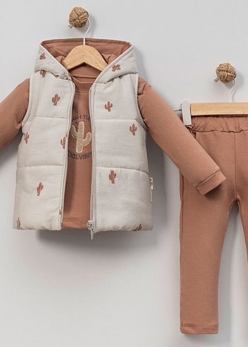 Kaktüs Nakışlı 3 Parça Unisex Açık Taba Bebek Eşofman Takımı - Görsel 4
