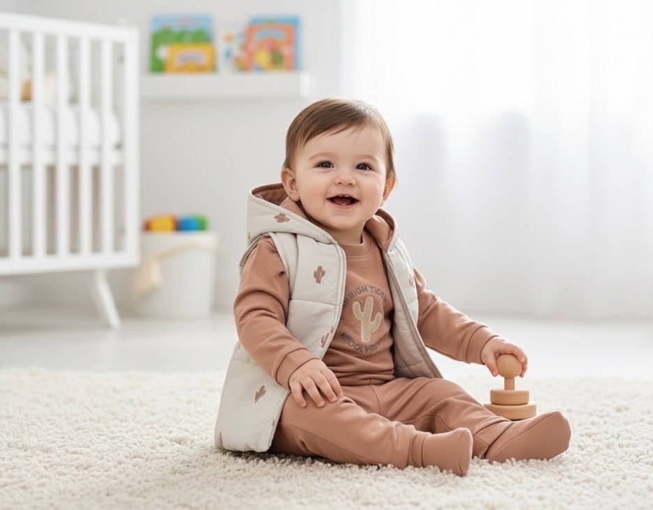 Kaktüs Nakışlı 3 Parça Unisex Açık Taba Bebek Eşofman Takımı - Görsel 2