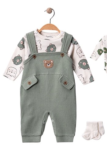 3lü Bebek Tulum Salopet Çorap Seti Unisex Bebek Takımı - Görsel 4