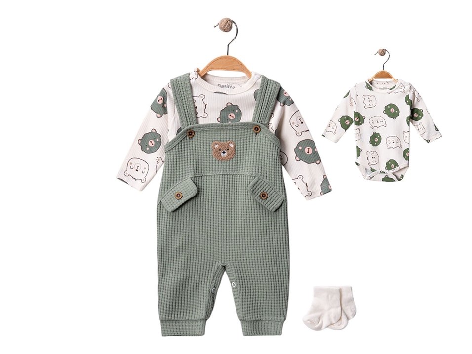 3lü Bebek Tulum Salopet Çorap Seti Unisex Bebek Takımı - Görsel 4