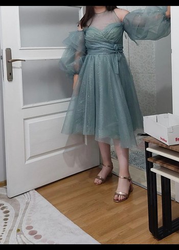 Parlak şu yeşili Midi Gece Elbisesi - Görsel 2