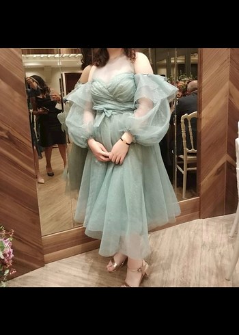 Parlak şu yeşili Midi Gece Elbisesi - Görsel 3