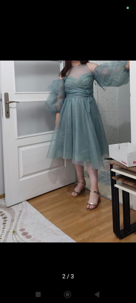 Parlak şu yeşili Midi Gece Elbisesi - Görsel 2