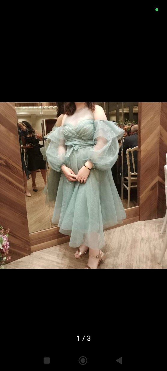 Parlak şu yeşili Midi Gece Elbisesi - Görsel 3