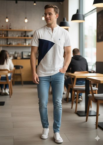 Erkek V Yaka Düğmeli Kısa Kollu Polo Tişört - Görsel 3