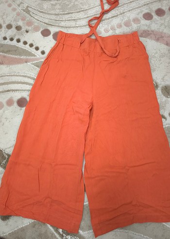 Turuncu Kemerli Bol Kesim Keten Kadın Pantolon - Görsel 2