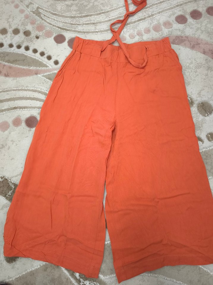 Turuncu Kemerli Bol Kesim Keten Kadın Pantolon - Görsel 2