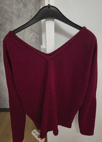 Bordo V Yakalı İnce Triko Kadın Kazak - Görsel 3