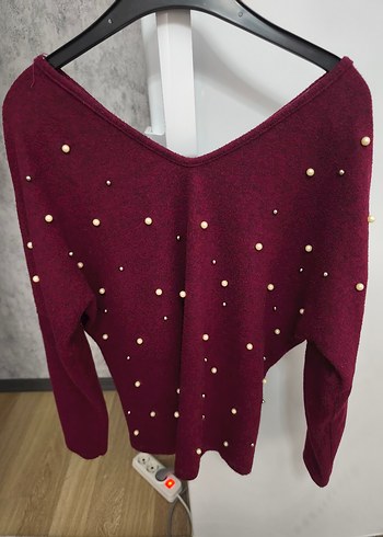 Bordo V Yakalı İnce Triko Kadın Kazak - Görsel 2